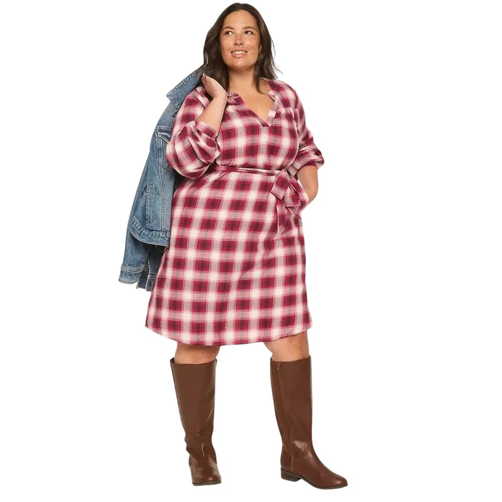 Lane Bryant Burgundy Plaid Belted Shirt Dress, Fall Autumn, Plus Size 16, NWT